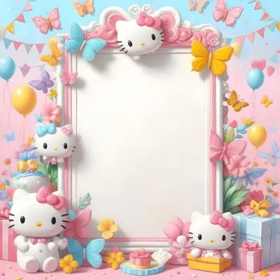 A Cute White Cat With A Pink Bow Holding A Blank Sign Surrounded By Colorful Butterflies Flowers And Pastel Decorations 560 F058