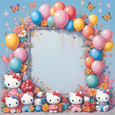 A Cute White Cat With A Pink Bow Holding A Blank Sign Surrounded By Colorful Butterflies Flowers And Pastel Decorations 561 361c