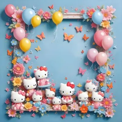 A Cute White Cat With A Pink Bow Holding A Blank Sign Surrounded By Colorful Butterflies Flowers And Pastel Decorations 564 0800