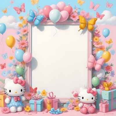 A Cute White Cat With A Pink Bow Holding A Blank Sign Surrounded By Colorful Butterflies Flowers And Pastel Decorations 567 A2d8