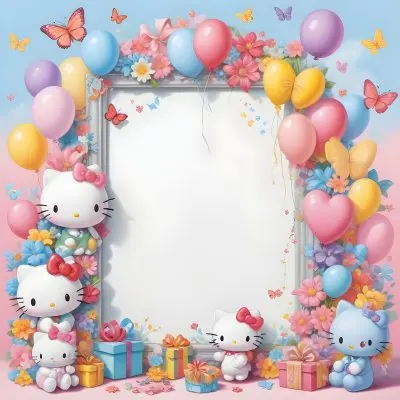 A Cute White Cat With A Pink Bow Holding A Blank Sign Surrounded By Colorful Butterflies Flowers And Pastel Decorations 569 E052