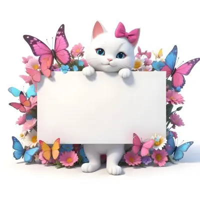 A Cute White Cat With A Pink Bow Holding A Blank Sign Surrounded By Colorful Butterflies Flowers And Pastel Decorations 57 7686