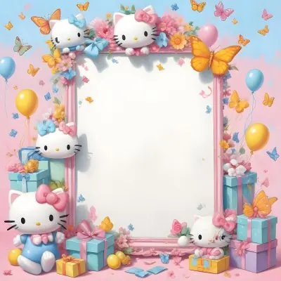 A Cute White Cat With A Pink Bow Holding A Blank Sign Surrounded By Colorful Butterflies Flowers And Pastel Decorations 571 C67b
