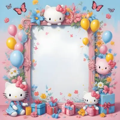 A Cute White Cat With A Pink Bow Holding A Blank Sign Surrounded By Colorful Butterflies Flowers And Pastel Decorations 572 3ed6