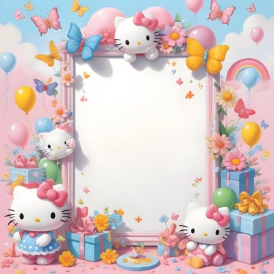 A Cute White Cat With A Pink Bow Holding A Blank Sign Surrounded By Colorful Butterflies Flowers And Pastel Decorations 577 5b36
