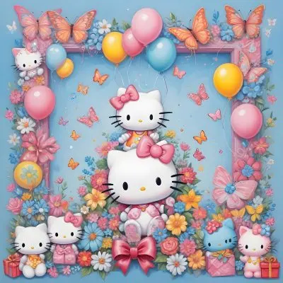 A Cute White Cat With A Pink Bow Holding A Blank Sign Surrounded By Colorful Butterflies Flowers And Pastel Decorations 579 8a10