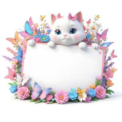 A Cute White Cat With A Pink Bow Holding A Blank Sign Surrounded By Colorful Butterflies Flowers And Pastel Decorations 58 1feb