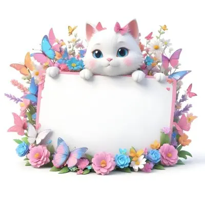 A Cute White Cat With A Pink Bow Holding A Blank Sign Surrounded By Colorful Butterflies Flowers And Pastel Decorations 58 1feb