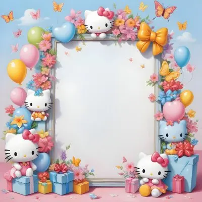 A Cute White Cat With A Pink Bow Holding A Blank Sign Surrounded By Colorful Butterflies Flowers And Pastel Decorations 580 6745
