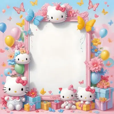 A Cute White Cat With A Pink Bow Holding A Blank Sign Surrounded By Colorful Butterflies Flowers And Pastel Decorations 582 B534
