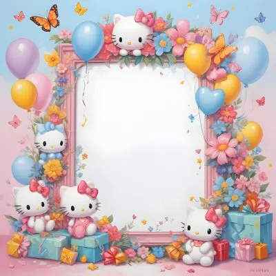 A Cute White Cat With A Pink Bow Holding A Blank Sign Surrounded By Colorful Butterflies Flowers And Pastel Decorations 586 E022