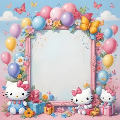 A Cute White Cat With A Pink Bow Holding A Blank Sign Surrounded By Colorful Butterflies Flowers And Pastel Decorations 588 79fc
