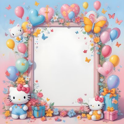 A Cute White Cat With A Pink Bow Holding A Blank Sign Surrounded By Colorful Butterflies Flowers And Pastel Decorations 589 40a0