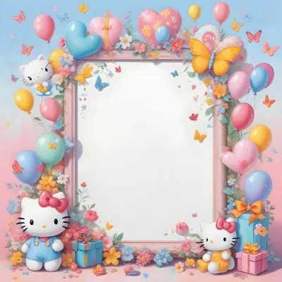 A Cute White Cat With A Pink Bow Holding A Blank Sign Surrounded By Colorful Butterflies Flowers And Pastel Decorations 589 40a0