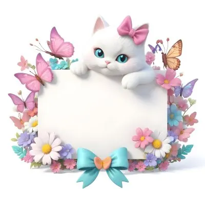 A Cute White Cat With A Pink Bow Holding A Blank Sign Surrounded By Colorful Butterflies Flowers And Pastel Decorations 59 B9e5