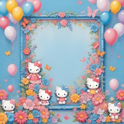A Cute White Cat With A Pink Bow Holding A Blank Sign Surrounded By Colorful Butterflies Flowers And Pastel Decorations 590 E83b