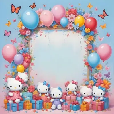 A Cute White Cat With A Pink Bow Holding A Blank Sign Surrounded By Colorful Butterflies Flowers And Pastel Decorations 591 0c3c