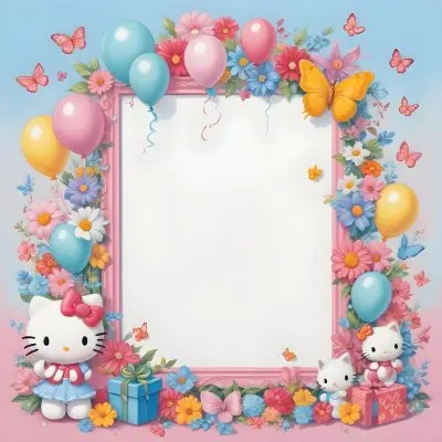 A Cute White Cat With A Pink Bow Holding A Blank Sign Surrounded By Colorful Butterflies Flowers And Pastel Decorations 594 Bc6a