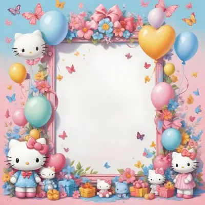 A Cute White Cat With A Pink Bow Holding A Blank Sign Surrounded By Colorful Butterflies Flowers And Pastel Decorations 596 1cae