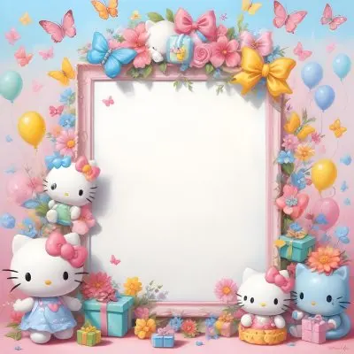 A Cute White Cat With A Pink Bow Holding A Blank Sign Surrounded By Colorful Butterflies Flowers And Pastel Decorations 597 E32a
