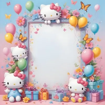 A Cute White Cat With A Pink Bow Holding A Blank Sign Surrounded By Colorful Butterflies Flowers And Pastel Decorations 599 F921