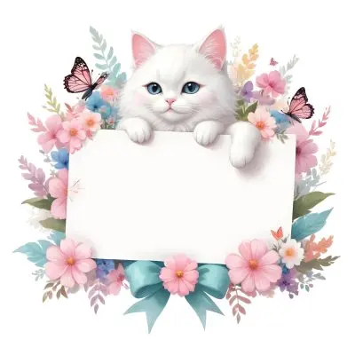 A Cute White Cat With A Pink Bow Holding A Blank Sign Surrounded By Colorful Butterflies Flowers And Pastel Decorations 6 40cb