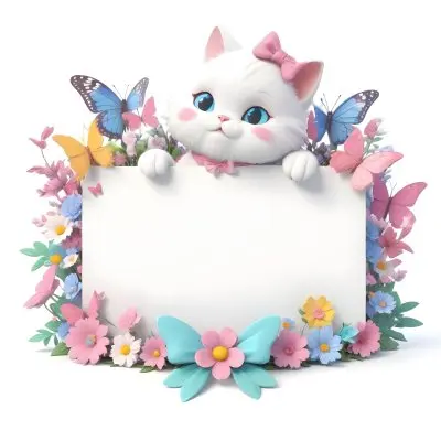 A Cute White Cat With A Pink Bow Holding A Blank Sign Surrounded By Colorful Butterflies Flowers And Pastel Decorations 60 Cff0