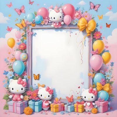A Cute White Cat With A Pink Bow Holding A Blank Sign Surrounded By Colorful Butterflies Flowers And Pastel Decorations 600 Ebb2