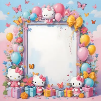 A Cute White Cat With A Pink Bow Holding A Blank Sign Surrounded By Colorful Butterflies Flowers And Pastel Decorations 600 Ebb2