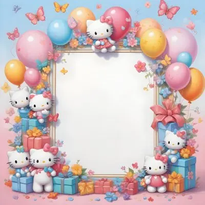 A Cute White Cat With A Pink Bow Holding A Blank Sign Surrounded By Colorful Butterflies Flowers And Pastel Decorations 601 D539