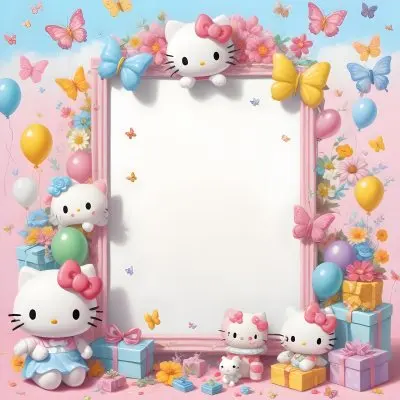 A Cute White Cat With A Pink Bow Holding A Blank Sign Surrounded By Colorful Butterflies Flowers And Pastel Decorations 603 18e1