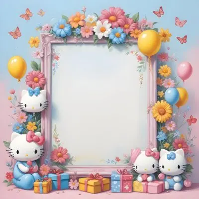 A Cute White Cat With A Pink Bow Holding A Blank Sign Surrounded By Colorful Butterflies Flowers And Pastel Decorations 604 F994