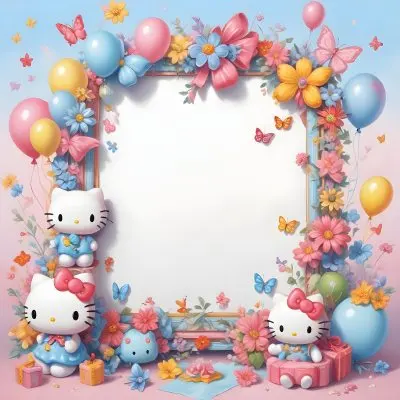 A Cute White Cat With A Pink Bow Holding A Blank Sign Surrounded By Colorful Butterflies Flowers And Pastel Decorations 606 F644