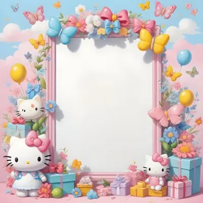A Cute White Cat With A Pink Bow Holding A Blank Sign Surrounded By Colorful Butterflies Flowers And Pastel Decorations 607 B9de