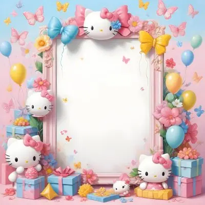 A Cute White Cat With A Pink Bow Holding A Blank Sign Surrounded By Colorful Butterflies Flowers And Pastel Decorations 609 B20d