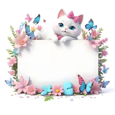 A Cute White Cat With A Pink Bow Holding A Blank Sign Surrounded By Colorful Butterflies Flowers And Pastel Decorations 61 2f83