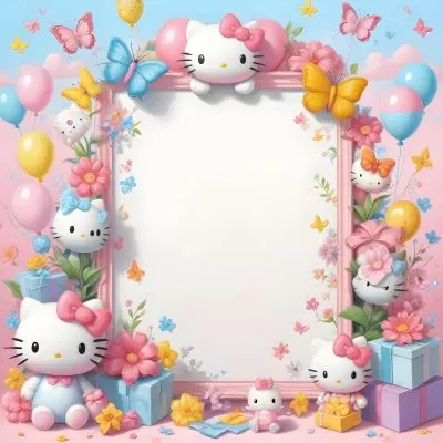 A Cute White Cat With A Pink Bow Holding A Blank Sign Surrounded By Colorful Butterflies Flowers And Pastel Decorations 610 0c71