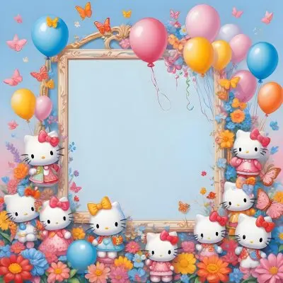 A Cute White Cat With A Pink Bow Holding A Blank Sign Surrounded By Colorful Butterflies Flowers And Pastel Decorations 611 132d