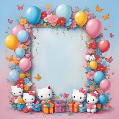A Cute White Cat With A Pink Bow Holding A Blank Sign Surrounded By Colorful Butterflies Flowers And Pastel Decorations 616 Fdf9