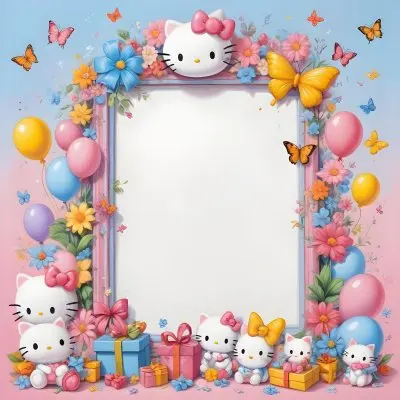A Cute White Cat With A Pink Bow Holding A Blank Sign Surrounded By Colorful Butterflies Flowers And Pastel Decorations 617 41f4