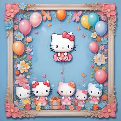 A Cute White Cat With A Pink Bow Holding A Blank Sign Surrounded By Colorful Butterflies Flowers And Pastel Decorations 618 B085