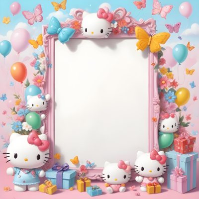 A Cute White Cat With A Pink Bow Holding A Blank Sign Surrounded By Colorful Butterflies Flowers And Pastel Decorations 619 7776