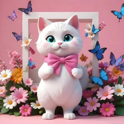 A Cute White Cat With A Pink Bow Holding A Blank Sign Surrounded By Colorful Butterflies Flowers And Pastel Decorations 62 C773