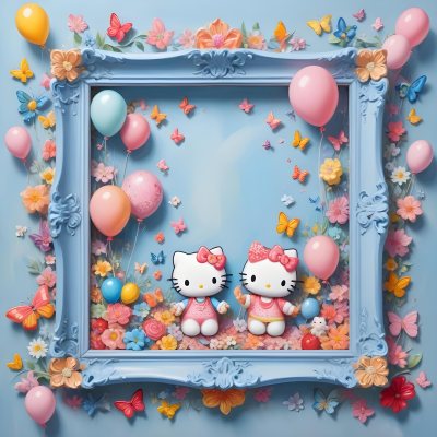 A Cute White Cat With A Pink Bow Holding A Blank Sign Surrounded By Colorful Butterflies Flowers And Pastel Decorations 621 126e