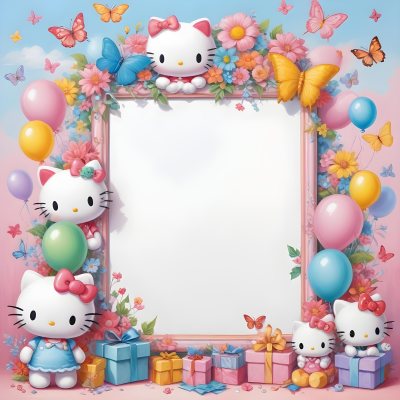 A Cute White Cat With A Pink Bow Holding A Blank Sign Surrounded By Colorful Butterflies Flowers And Pastel Decorations 622 1d06