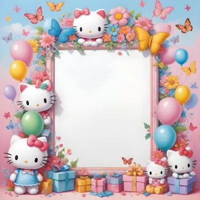 A Cute White Cat With A Pink Bow Holding A Blank Sign Surrounded By Colorful Butterflies Flowers And Pastel Decorations 622 1d06