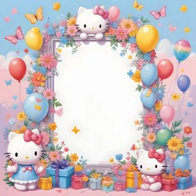 A Cute White Cat With A Pink Bow Holding A Blank Sign Surrounded By Colorful Butterflies Flowers And Pastel Decorations 625 8864