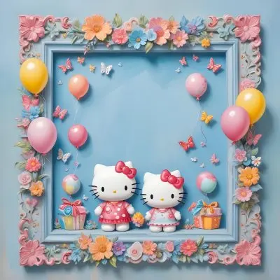 A Cute White Cat With A Pink Bow Holding A Blank Sign Surrounded By Colorful Butterflies Flowers And Pastel Decorations 626 A228