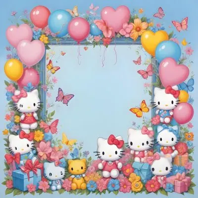 A Cute White Cat With A Pink Bow Holding A Blank Sign Surrounded By Colorful Butterflies Flowers And Pastel Decorations 628 176e