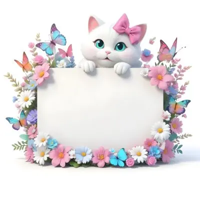 A Cute White Cat With A Pink Bow Holding A Blank Sign Surrounded By Colorful Butterflies Flowers And Pastel Decorations 63 2493